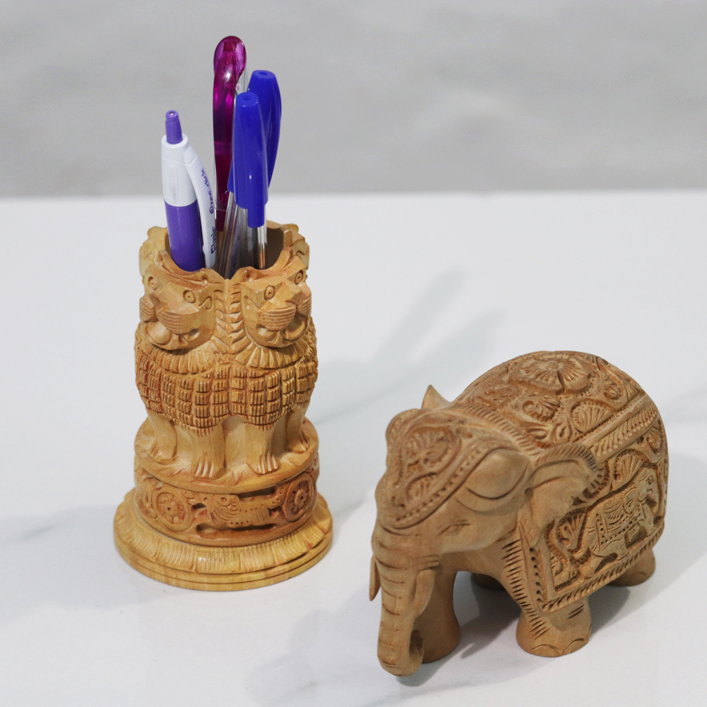 Wooden Carved Elephant with Pen Stand