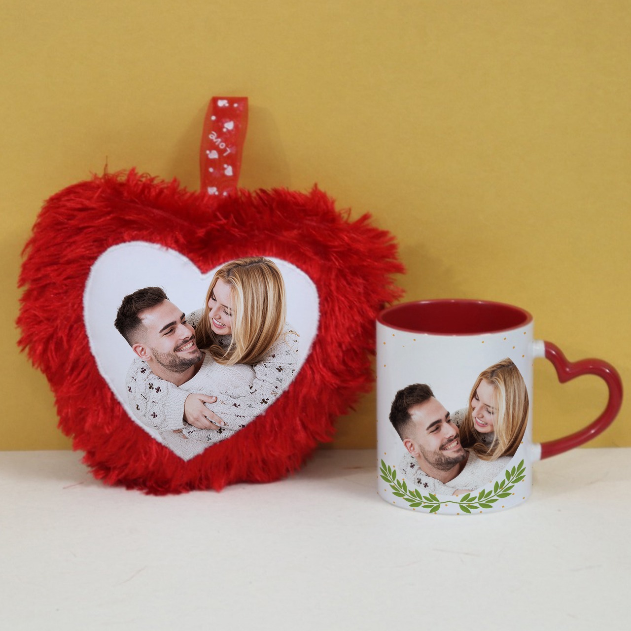 Personalized Red Heart Cushion with Mug