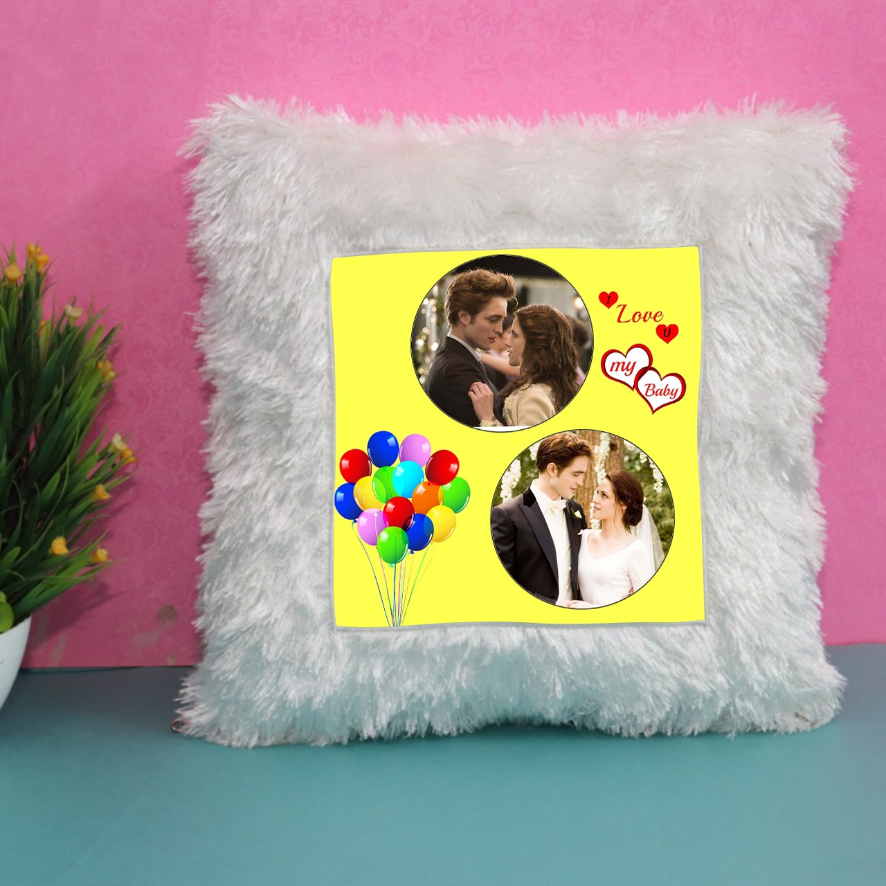 Birthday Whitte Fur Square Cushion
